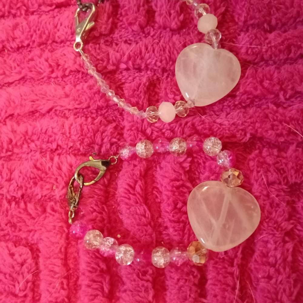 Elegant Heart Charm Bracelet Set - Pink and Silver